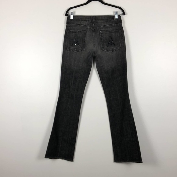7 for All Mankind 5 pocket distressed embroidered black wash flare leg jeans 28 - Picture 4 of 7